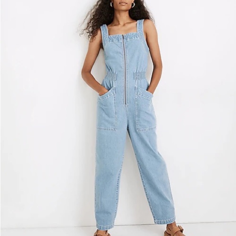 Denim Zip Smock-Waist Jumpsuit in Baisley Wash